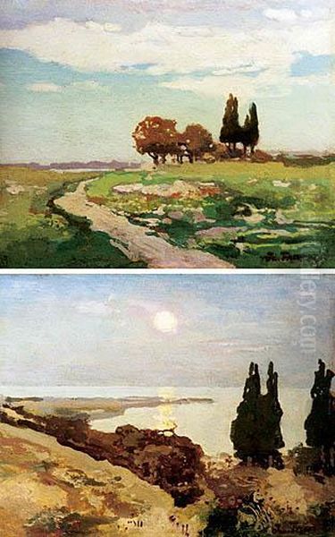 A. Pejzaz Z Cyprysami I Droga, Okolo 1910-1920
 B. Pejzaz Z Cyprysami Nad Morzem, Okolo 1910-1920 Oil Painting by Iwan Trusz