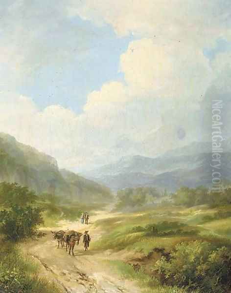 Travellers in a hilly landscape Oil Painting by Ferdinand Hendrik Sijpkens