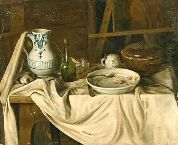 An Artist's Studio with a Meal set out on a partially draped Bench in the foreground Oil Painting by Jacques Albert Senave