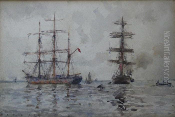 Vessels Becalmed Oil Painting by Henry Scott Tuke