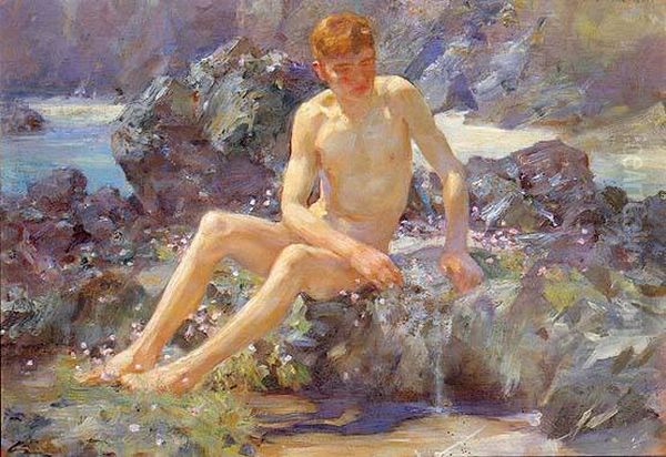 Nude On The Rocks Oil Painting by Henry Scott Tuke