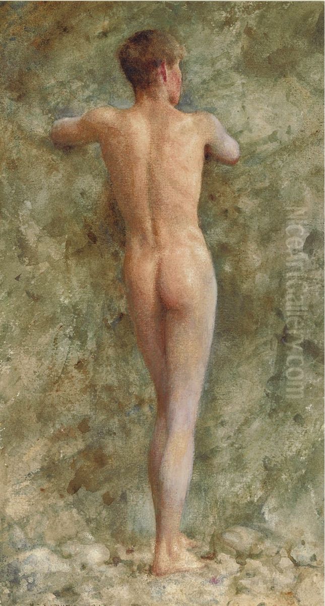 A Standing Male Nude Oil Painting by Henry Scott Tuke