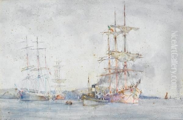 Italian Barque Being Towed To 
Moorings In Thecarrick Roads (towing Into Falmouth Harbour) Oil Painting by Henry Scott Tuke