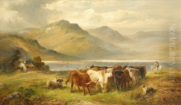 Near Loch Lomond, Asummer 
Landscape With Highland Cattle, Drover And Dog, Figures By Athatched 
Cottage Beyond Oil Painting by George Turner