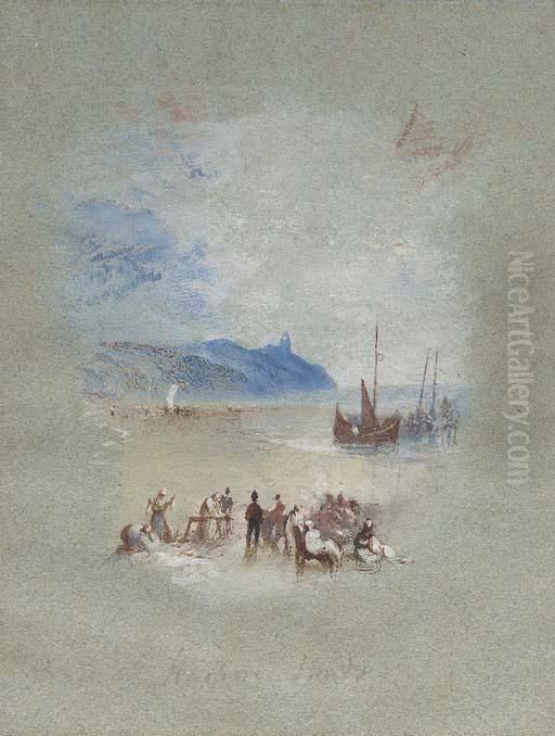 Hasborough Sands: Fisherfolk On 
The Sands In The Foreground, With Stranded Fishing Boats Beyond; The Sun
 Setting Behind A Promontory Oil Painting by Joseph Mallord William Turner