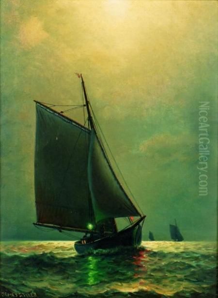 Schooner Sailing By Moonlight Oil Painting by James Gale Tyler