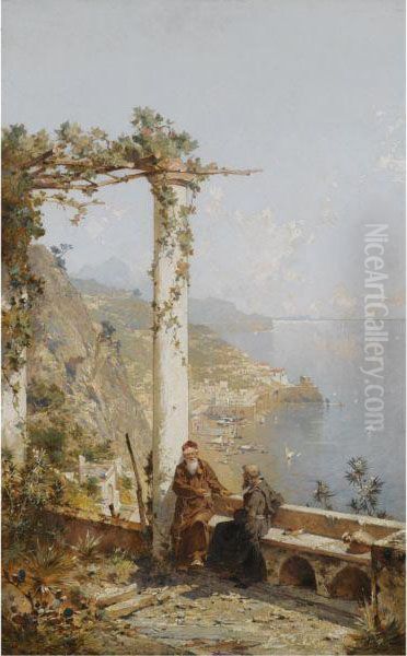 Kapuzinermonche Eines Klosters 
Bei Amalfi Hoch Uber Dem Golf (amalfi Above The Bay Of Naples) Oil Painting by Franz Richard Unterberger