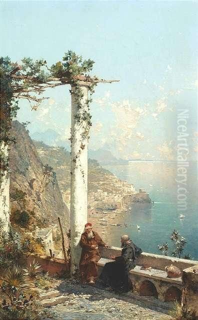 Two Friars At The Capuchin 
Cloister's Patio, In The Background View Of Coast And Bay At Amalfi. 
Oil/panel, Signed Oil Painting by Franz Richard Unterberger