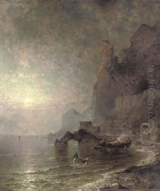 The Gulf Of Salerno, Amalfi Oil Painting by Franz Richard Unterberger