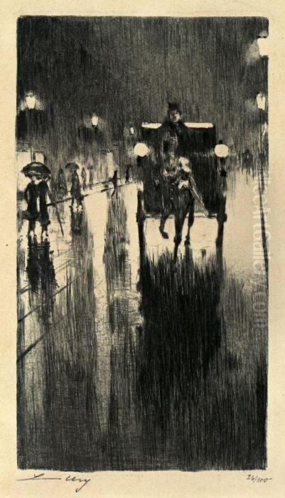 Pferdedroschke Im Regenwetter Oil Painting by Lesser Ury