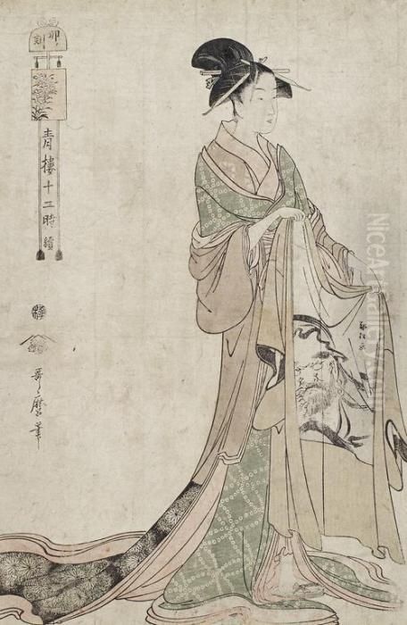 A Courtesan In Yoshiwara At 6am Helping Her Departing Client To Put On His Haori Jacket Oil Painting by Kitagawa Utamaro