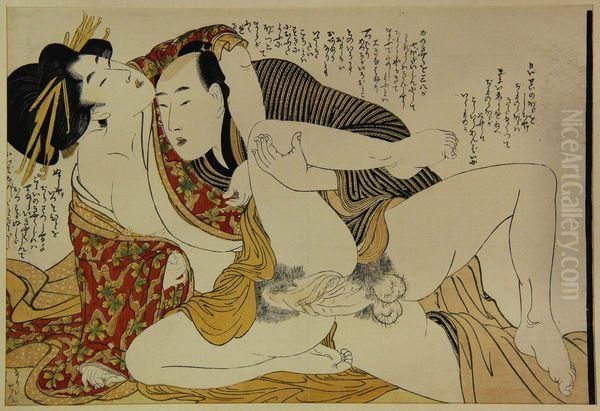 Couple Enlace, La Femme En Kimono Decore De Fleurs De Cerisiers Sur Fond Rouge. Oil Painting by Kitagawa Utamaro