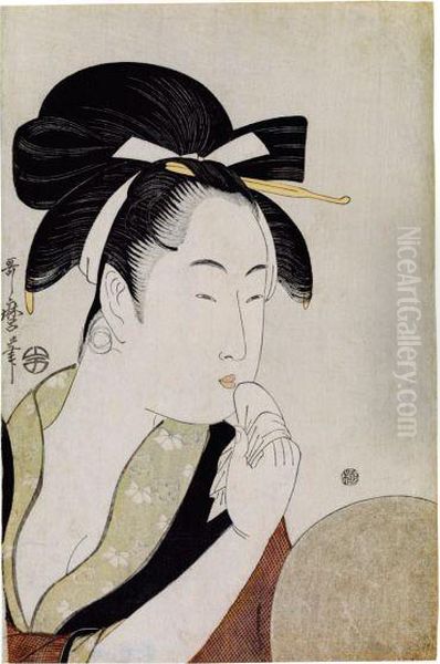 Portrait En Buste Okubi-e D'une Jeune Femme Se Maquillant Devant Unmiroir Oil Painting by Kitagawa Utamaro