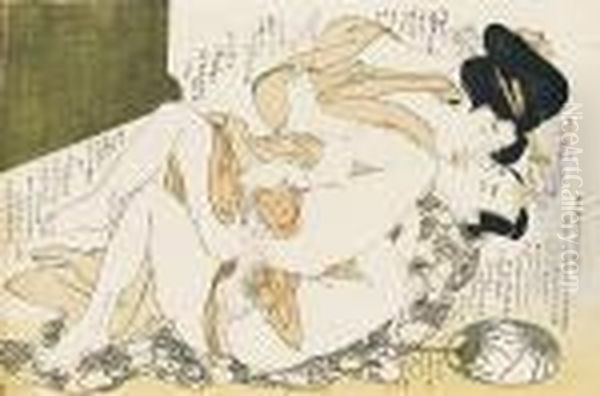A Couple Making
Love In Front Of A Low Landscape Screen Oil Painting by Kitagawa Utamaro