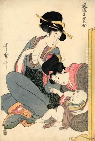 Deux Jeunes Femmes Assises, 
Chichi S'appretant A Allaiter, L'autre Fait La Lecon A Un Enfant. Oil Painting by Kitagawa Utamaro