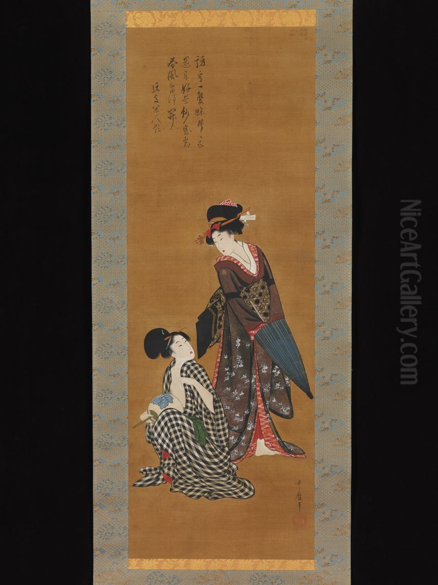 Two Beauties Oil Painting by Kitagawa Utamaro