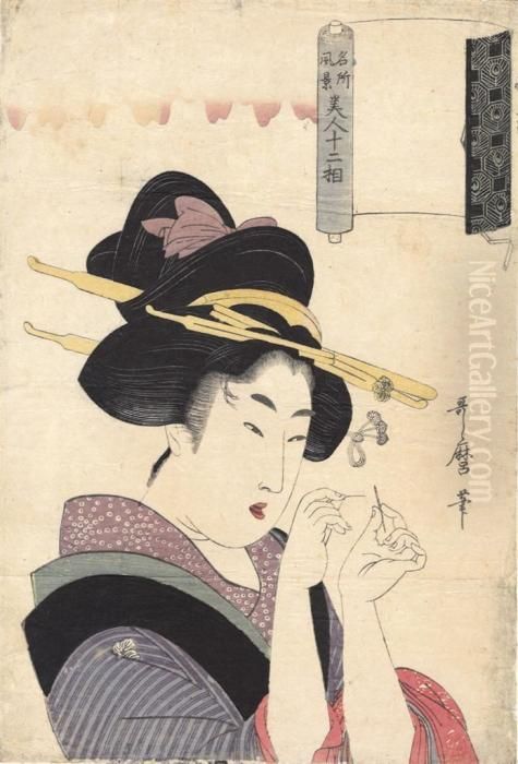 A Woman Threading A Needle Oil Painting by Kitagawa Utamaro
