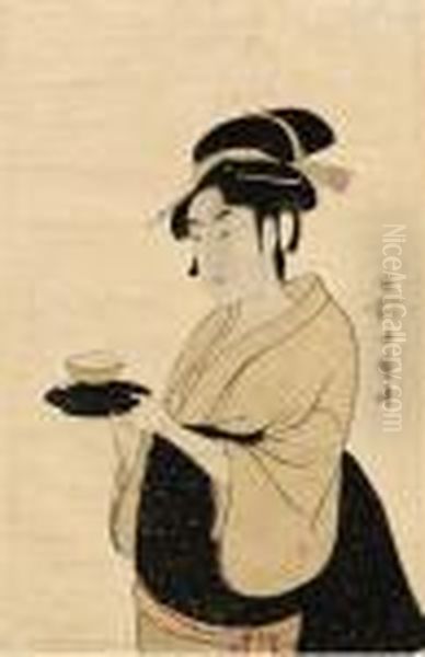 The Tea Waitress Okita Of The Naniwaya, Holding A Teacup, Signed 
Utamaro Hitsu
, Published By Tsutaya Jusaburo, 
Kiwame
 Seal, Second State Without Cartouche, Mica Background, Colours Slightly Faded, Backed Oil Painting by Kitagawa Utamaro
