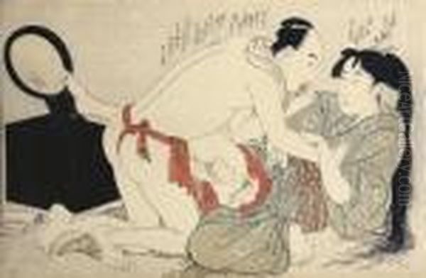 A Man Disturbs His Lover Who 
Appears To Have Been Busy At Her Toilette, Her Foot Is Reflected In Her 
Mirror, From The Series Oil Painting by Kitagawa Utamaro