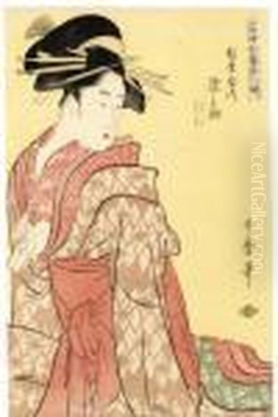 From The Series Toji Zensei 
Bijin Zoroe [an Array Of The Outstanding Beauties Of Our Day], One Of 
Utamaro's Most Striking Compositions, The Courtesan Somenosuke Of 
Matsubaya Opening A Letter With A Hairpin And Shielding The Contents 
From Prying Ey Oil Painting by Kitagawa Utamaro