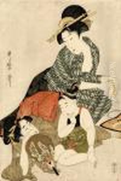 A Girl Holding A Fan Decorated 
With A Lespedeza Design Lies On The Floor Talking To A Young Boy Whose 
Mother Kneels Behind Them Cleaning A Comb, Signed Utamaro Hitsu Oil Painting by Kitagawa Utamaro