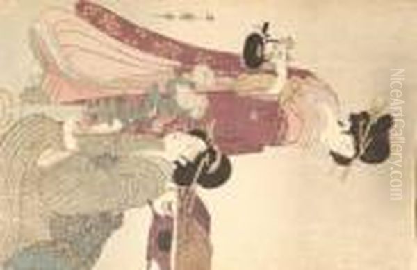 Portrait Of Two Courtesans, 
Signed Woodcut, Utamaro Hitsu, No Publisher Mark. - 14 3/4 In. X 10 In Oil Painting by Kitagawa Utamaro