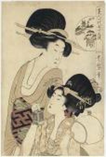 Two Beauties, One Holding A Fan 
And Insect Cage, Odawara From Theseries Bijin Ichidai Gojusan Tsugi 
(beauties One By One:comparisons Of The Fifty-three Stations Of The 
Tokaido) Oil Painting by Kitagawa Utamaro