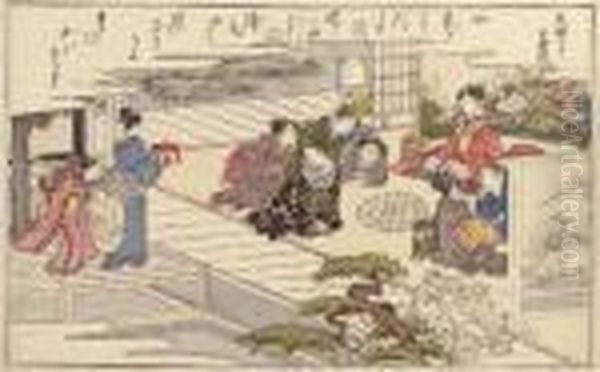 The Complete Set Of 8 
Double-page Illustrations From The 1789 Albumshiohi No Tsuto (gifts From
 The Ebb Tide) Each With Kyoka Poems,first Printing, Comprising Number 
One Shellgathering At Low Tide[shiohi Gari], Number Two Sudare-gai, 
Number Three B Oil Painting by Kitagawa Utamaro