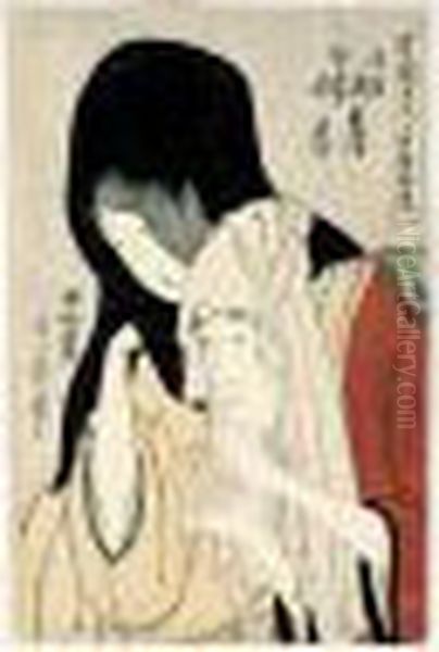 Kamiya Jihei Kinokuniya Koharu. 
Jihei De La Kamiya Et Koharu De La Kinokuniya. Personnages De Theatre : 
Les Amants Koharu Et Jihei Oil Painting by Kitagawa Utamaro