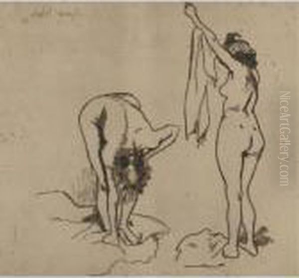 Femmes S'essuyannt; And Louise Au Tub S'essuyant Oil Painting by Suzanne Valadon