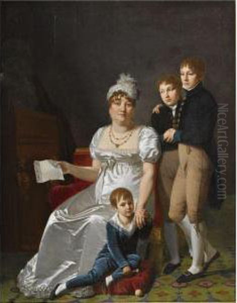 Portrait Of Madame B., Nee 
Etiennette Delagrange, Full Length,seated, Wearing A White Dress And 
Hat, Holding A Letter, With Herthree Sons Oil Painting by Jacques Antoine Vallin
