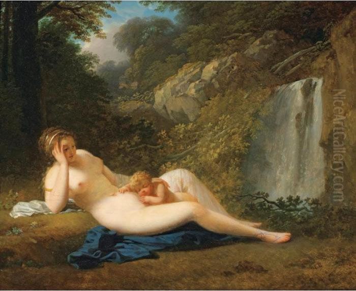 Nymphe Allongee Dans Un Paysage [
 ; Reclining Nymph With A Sleeping Child In A Wood ; Oil On Canvas] Oil Painting by Jacques Antoine Vallin