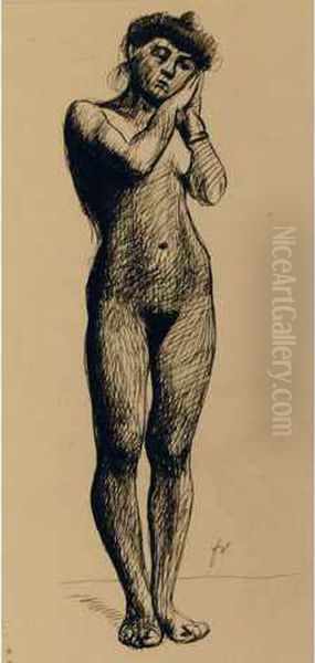 Modele Vers 1908. Dessin A La 
Plume Et Encre Brune Sur Papier Contrecolle Sur Carton, Signe Fv En Bas A
 Droite. 31 X 15 Cm. Certificat De Marina Ducrey, Reproduit Dans Le 
Catalogue De L Oeuvre De Felix Vallotton Oil Painting by Felix Edouard Vallotton