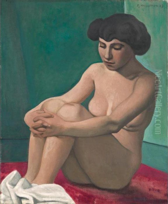 A Naked Young Lady, Seated On A Red Rug Oil Painting by Felix Edouard Vallotton