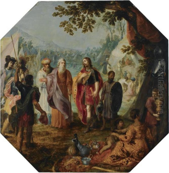 Moses, Pinehas And Eleazar 
Meeting Officers Of The Army, A Seatedwoman With Two Young Children In 
The Foreground, Surrounded Byjewellery And Other Precious Materials, A 
View Of The Army Campbeyond Oil Painting by Hendrik van Balen