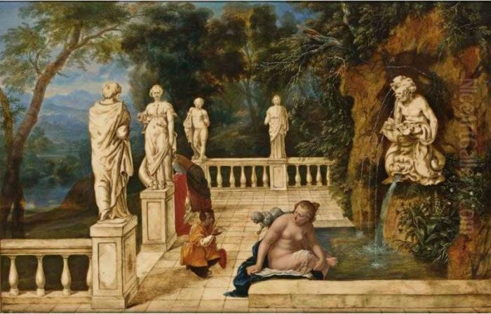 Bathsheba Receiving A Letter 
Announcing The Death Of Her Husband Uriah's Death, In An Architectural 
Capriccio With A Sculpted Fountain And A Distant Landscape Oil Painting by Hendrik van Balen