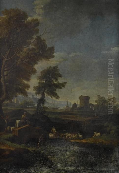 A Figure On A Country Path 
Before A Mountainous Landscape; And Drovers Grazing Their Cattle, A 
Coastal Landscape Beyond Oil Painting by Jan Frans Van Bloemen (Orizzonte)