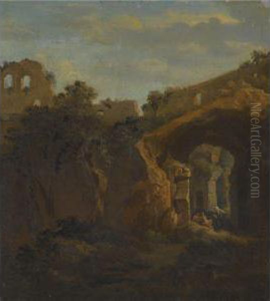 The Interior Of The Colosseum With Figures Resting Under Anarchway Oil Painting by Jan Frans Van Bloemen (Orizzonte)