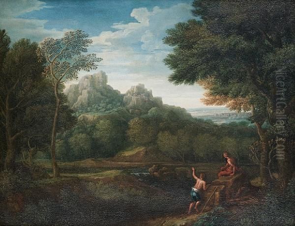 Classical Figures Resting Before An Italianatelandscape Oil Painting by Jan Frans Van Bloemen (Orizzonte)