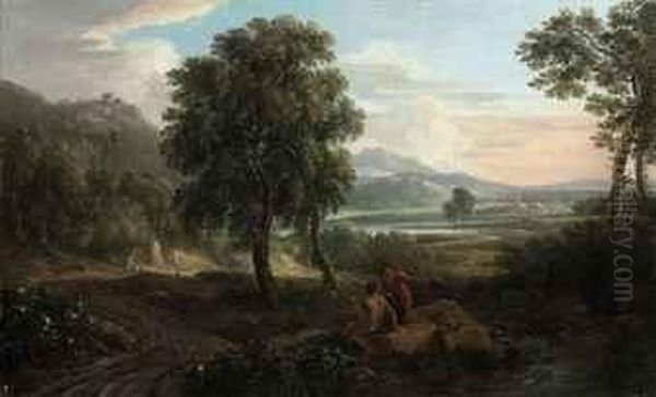 A Wooded River Landscape, With 
Figures And Sheep On A Track, Afortified Town And Mountains Beyond Oil Painting by Jan Frans Van Bloemen (Orizzonte)