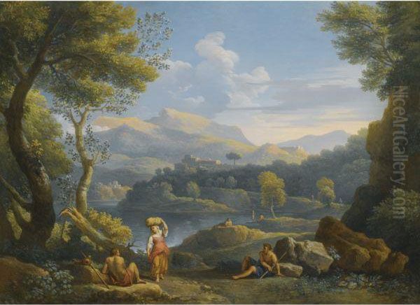 An Italianate River Landscape 
With Figures Resting In Theforeground And Hilltop Towns Beyond Oil Painting by Jan Frans Van Bloemen (Orizzonte)