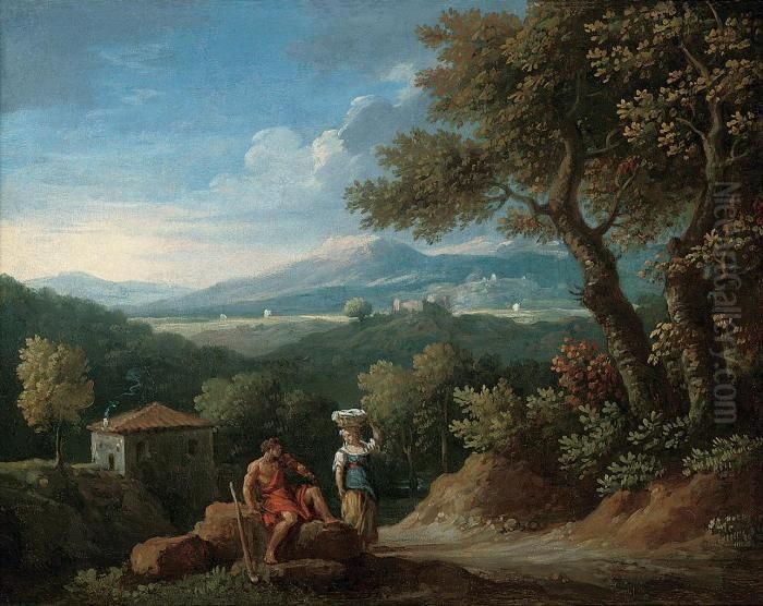 An Extensive Wooded Landscape 
With A Shepherd And A Washerwoman Conversing, A Cottage Beyond Oil Painting by Jan Frans Van Bloemen (Orizzonte)