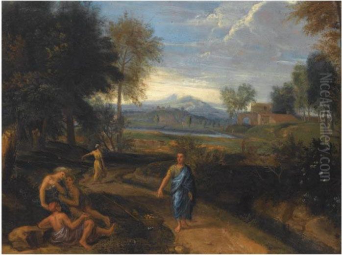 An Arcadian Landscape With 
Classical Figures Resting In Theforeground, Other Figures On A Path, A 
View Of A Villagebeyond Oil Painting by Jan Frans Van Bloemen (Orizzonte)