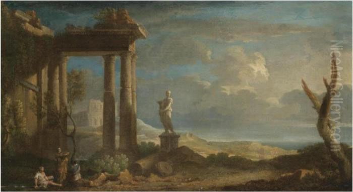 An Extensive Landscape With 
Figures Seated Beneath A Ruined Classical Temple, A Capriccio View Of 
The Colosseum And The Ocean Beyond Oil Painting by Jan Frans Van Bloemen (Orizzonte)