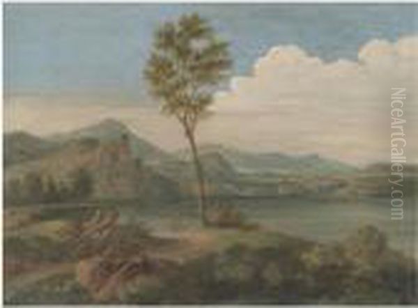 An Arcadian Landscape With Two 
Figures Resting In The Foreground, Figures Boating In A River Beyond Oil Painting by Jan Frans Van Bloemen (Orizzonte)