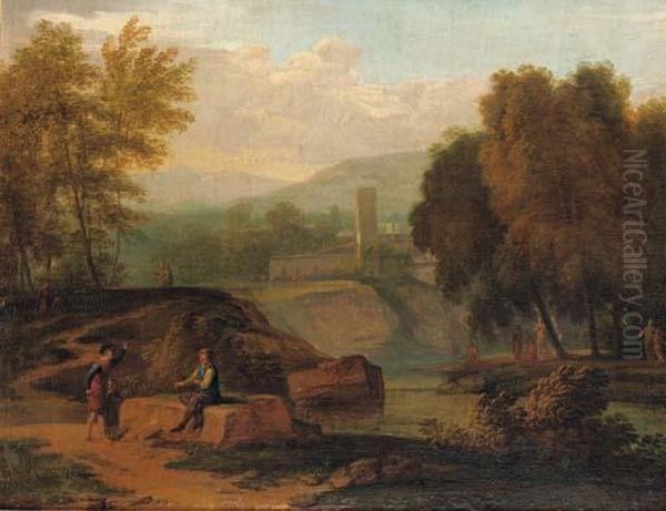 An Italianate Landscape With 
Figures Conversing On The Banks Of A River, Mountains Beyond Oil Painting by Jan Frans Van Bloemen (Orizzonte)
