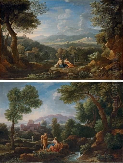 An Extensive Italianate 
Landscape With Herdsmen Conversing By A Stream; And An Extensive 
Italianate Landscape With Herdsmen Resting Near A Path Oil Painting by Jan Frans Van Bloemen (Orizzonte)