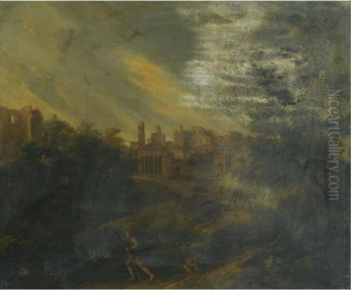 A Capriccio View Of Rome, With The Colosseum In The Distance Oil Painting by Jan Frans Van Bloemen (Orizzonte)