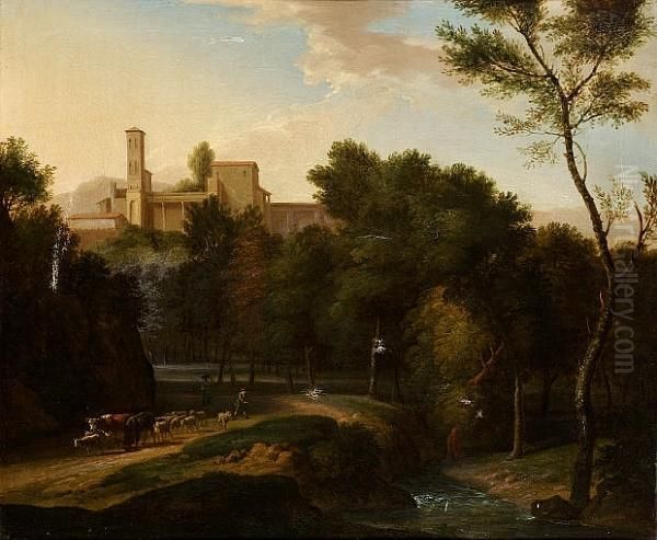 A Wooded Italianate Landscape 
With Shepherds Driving Their Livestock Beside A River In The Foreground,
 A Classical Villa On A Hill Beyond Oil Painting by Jan Frans Van Bloemen (Orizzonte)