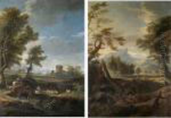 An Italianate Landscape With 
Drovers And Their Animals Crossing A Bridge, A Harour Beyond Oil Painting by Jan Frans Van Bloemen (Orizzonte)